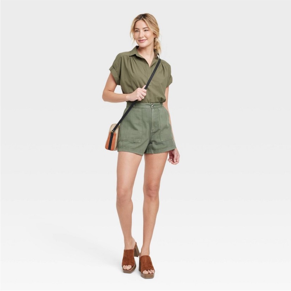 NEW High Rise Utility Twill Shorts Green 6